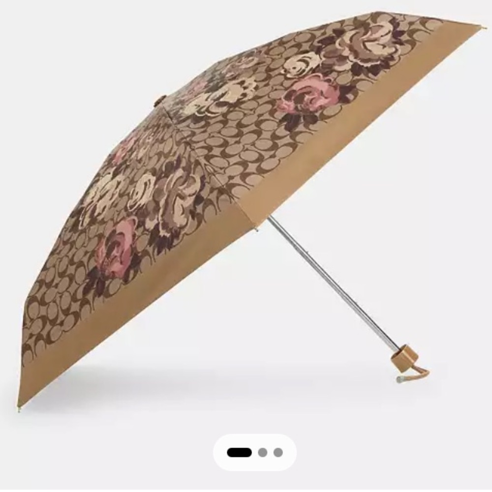 ☔️COACH UV Mini Umbrella, Signature Rosette Print Nylon, Light Khaki/Pink, NWT